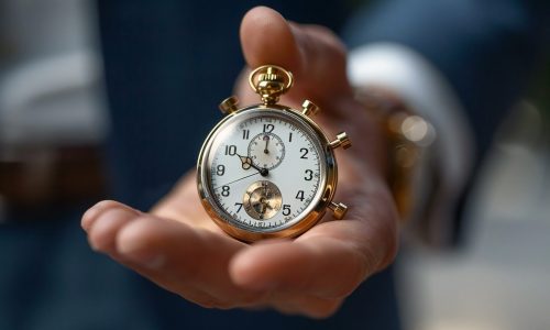 close-up shot of a business man holding a stopwatch in his hand, symbolizing the concept of time management and deadlines in the corporate world.